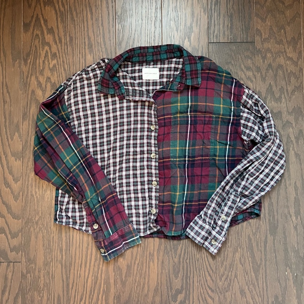 Mixed Plaid Button-Up Shirt in Burgundy & Green